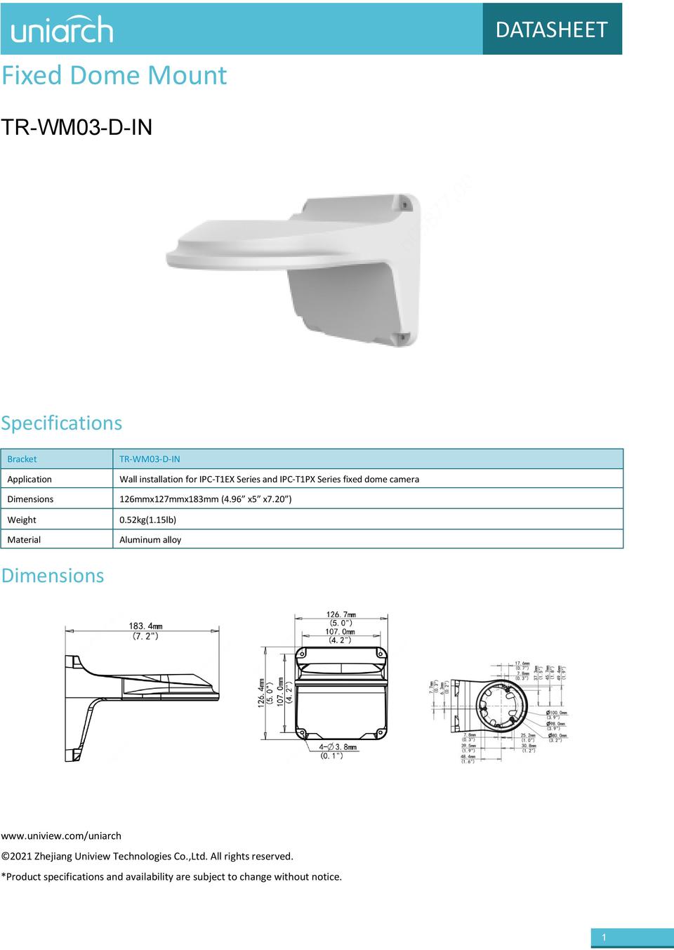 Uniarch TR-WM03-D-IN Turret Camera Wall Mount Bracket 0